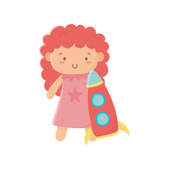 kids toy, cute little doll with pink dress and rocket toys