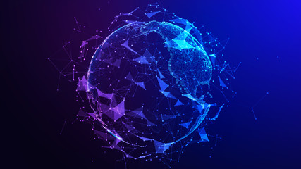 Global network connection. Concept background with planet Earth. Internet and technology. Blue background. 3d illustration.