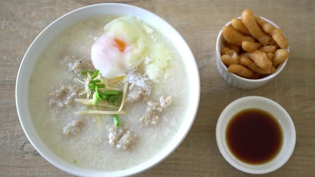 congee with minced pork in bowl