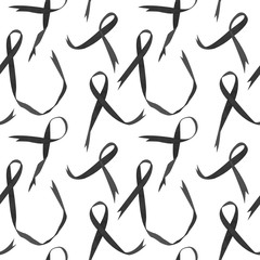 Watercolor seamless pattern with black awareness ribbons. Melanoma cancer ribbon, on white background. 