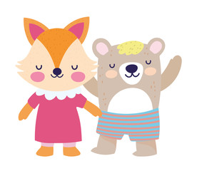 baby shower cute little female fox and bear with pants cartoon