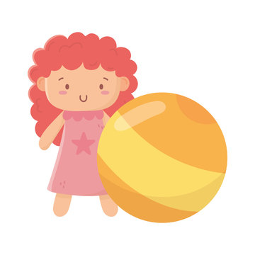 Kids Toy, Yellow Beach Ball And Cute Doll