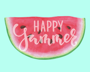 Slice of watermelon with lettering happy summer on white background, summer fruit, Vector illustration. design for greeting card and invitation of seasonal summer holiday.