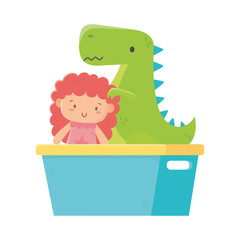 kids toy, green dinosaur and doll in bucket toys