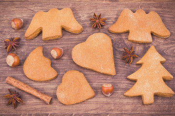 Fresh baked gingerbreads and spices for baking, christmas time concept