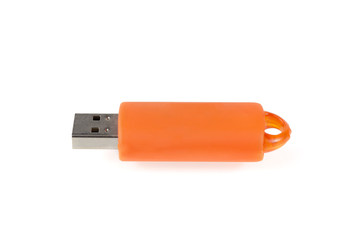 Orange USB flash drive on white isolated background