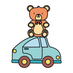 kids toy, teddy bear sitting on blue car toys