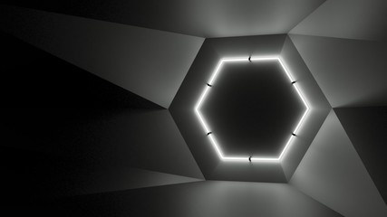 Abstract geometry lit by a neon white hexagonal lamp