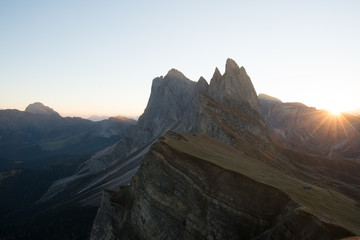Obraz premium Sunrise landscapes in Seceda with clear blue sky in Dolomites, South Tyrol, Italy