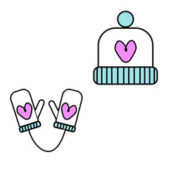 vector illustration of icon knitted hat and mittens with heart. 