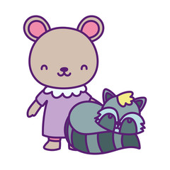 baby shower cute little bear with dress and raccoon cartoon