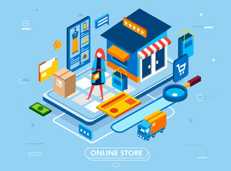 modern flat design isometric of online shopping process from smartphone, with card, truck, product, money icon illustration vector