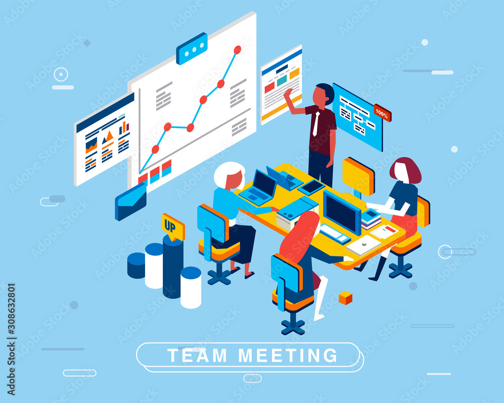 Aufkleber modern isometric design of marketing team is in a meeting with man have presentation and three women
