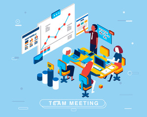 modern isometric design of marketing team is in a meeting with man have presentation and three women working on desk with laptop and computer vector illustration