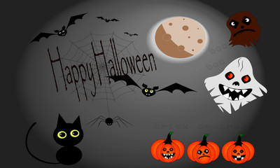 halloween theme vector set of illustrations with pumpkins, spider, black cat  and bats