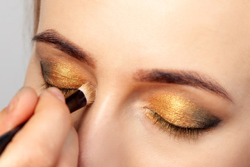 Close-up of applying make-up in the salon on the model in the oriental style, the make-up artist...