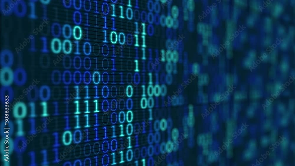 Wall mural blue digital binary data on computer screen 4k