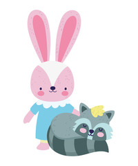 baby shower cute little rabbit and raccoon cartoon