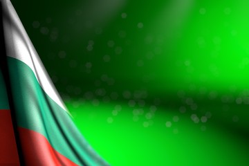 cute photo of Bulgaria flag hangs in corner on green with selective focus and free space for your content - any feast flag 3d illustration..
