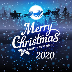 Naklejka premium Illustration of Winter Night Scene with Christmas Forest. Dark Festive Background with Text Merry Christmas and Happy New Year, Moon and Santa Claus Riding in a Sleigh, Snowfall for Design of Poster