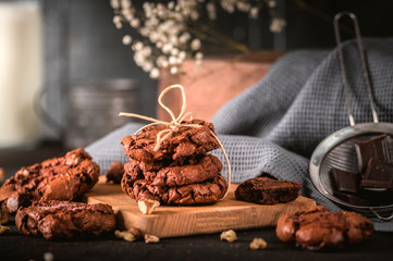 Homemade chocolate cookies on dark background