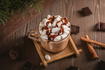 Glass cup of hot chocolate with marshmallows and chocolate