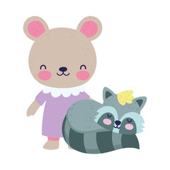 baby shower cute little bear with dress and raccoon cartoon