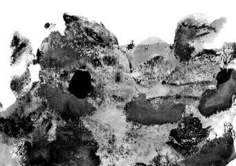 black and white gouache texture, abstract background, hand-painted texture, splashes, drops of paint, paint smears. Design for backgrounds, wallpapers, covers and packaging. Torn edge.