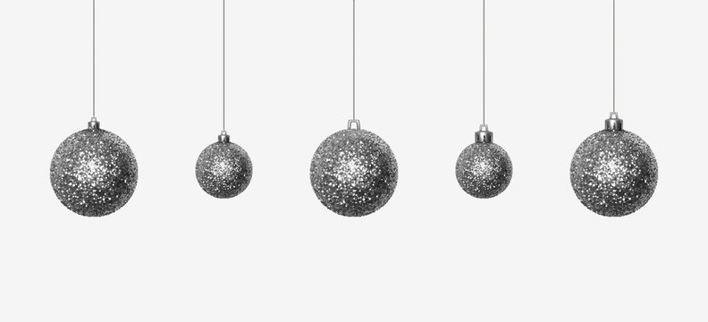 Set of beautiful silver glittering Christmas balls made of sparkles hanging on shiny thread. Christmas decoration from sequins for festive mood. Desidn element isolated on white. Realistic 3D vector