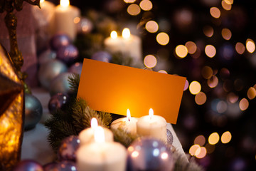 Christmas card with decorated fir tree on snow. Top view. Merry Christmas and Happy New Year!!