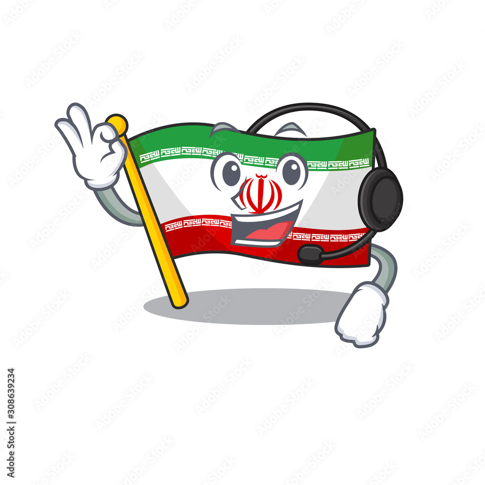 Sticker Flag iran cute cartoon character design with headphone