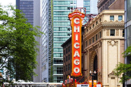 Chicago, USA - June 25, 2018 : Chicago Theatre neon sign