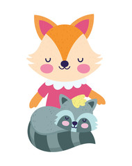 baby shower cute little female fox and raccoon cartoon