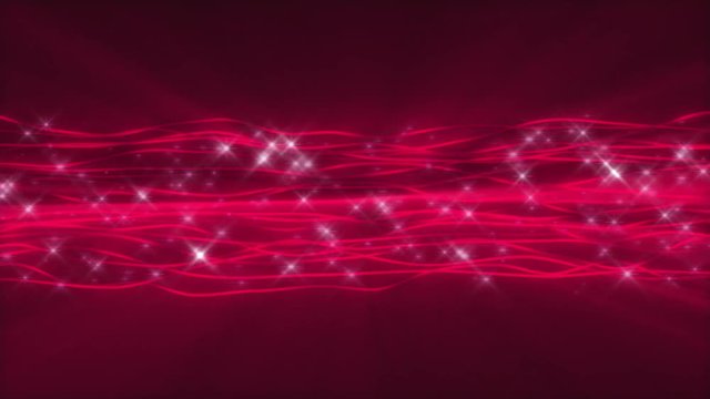 Raspberry red abstract seamless background motion loop features a pattern of glowing wavy lines with sparkling sprites flowing over a dark background.