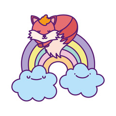 baby shower cute fox sleeping on rainbow with clouds cartoon