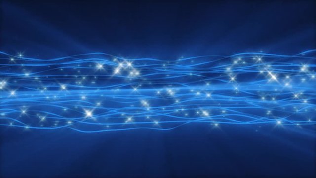 Light blue abstract seamless background motion loop features a pattern of glowing wavy lines with sparkling sprites flowing over a dark background.