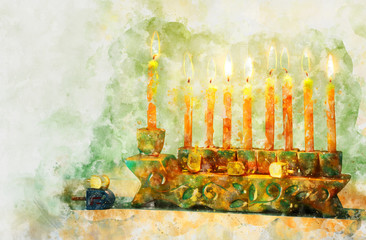 watercolor style and abstract image of jewish holiday Hanukkah with menorah (traditional candelabra)