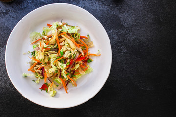 vegetable salad (Chinese cabbage, carrot, onion, lettuce, mix salad, pumpkin) menu concept. food background. top view. copy space