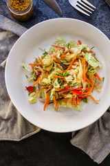 vegetable salad (Chinese cabbage, carrot, onion, lettuce, mix salad, pumpkin) menu concept. food background. top view. copy space