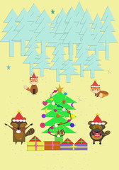 christmas card with tree and gifts Cute animals on christmas day