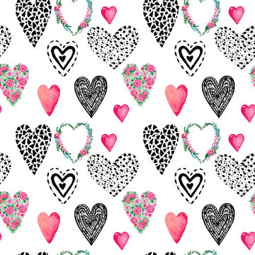 Illustration set hand painted hearts in graphic style Objects for decoration Valentine's Day seamless pattern