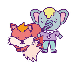 baby shower cute elephant with clothes and sleeping fox