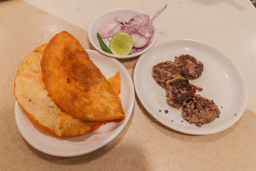 Mutton kebab with paratha, speciality of Lucknow, Uttar Pradesh state, India