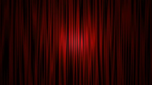 Red curtain drapes flap and sway gently on stage in dim light, background