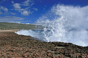 Big waves splashing water at the coastline