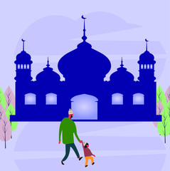 a father who takes his child to the mosque. vector illustration