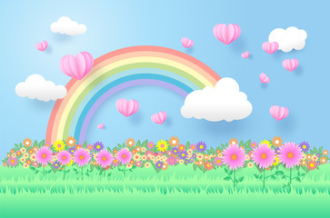 beautiful flowers  , paper art style, heart in the sky