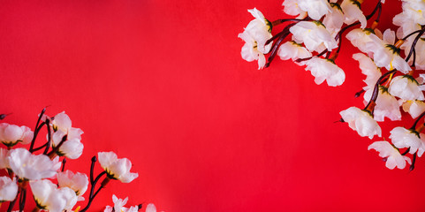 Spring blossom border over red background with copyspace. Chinese new year nature design.