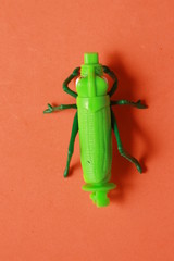 green insect shaped plastic toy in color background