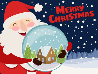 Christmas illustration with night snowy background. Cute happy Santa Claus with snow globe. Vector